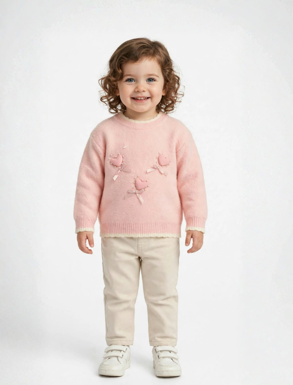 Pink heart knit jersy with pink heart motifs, front view on model