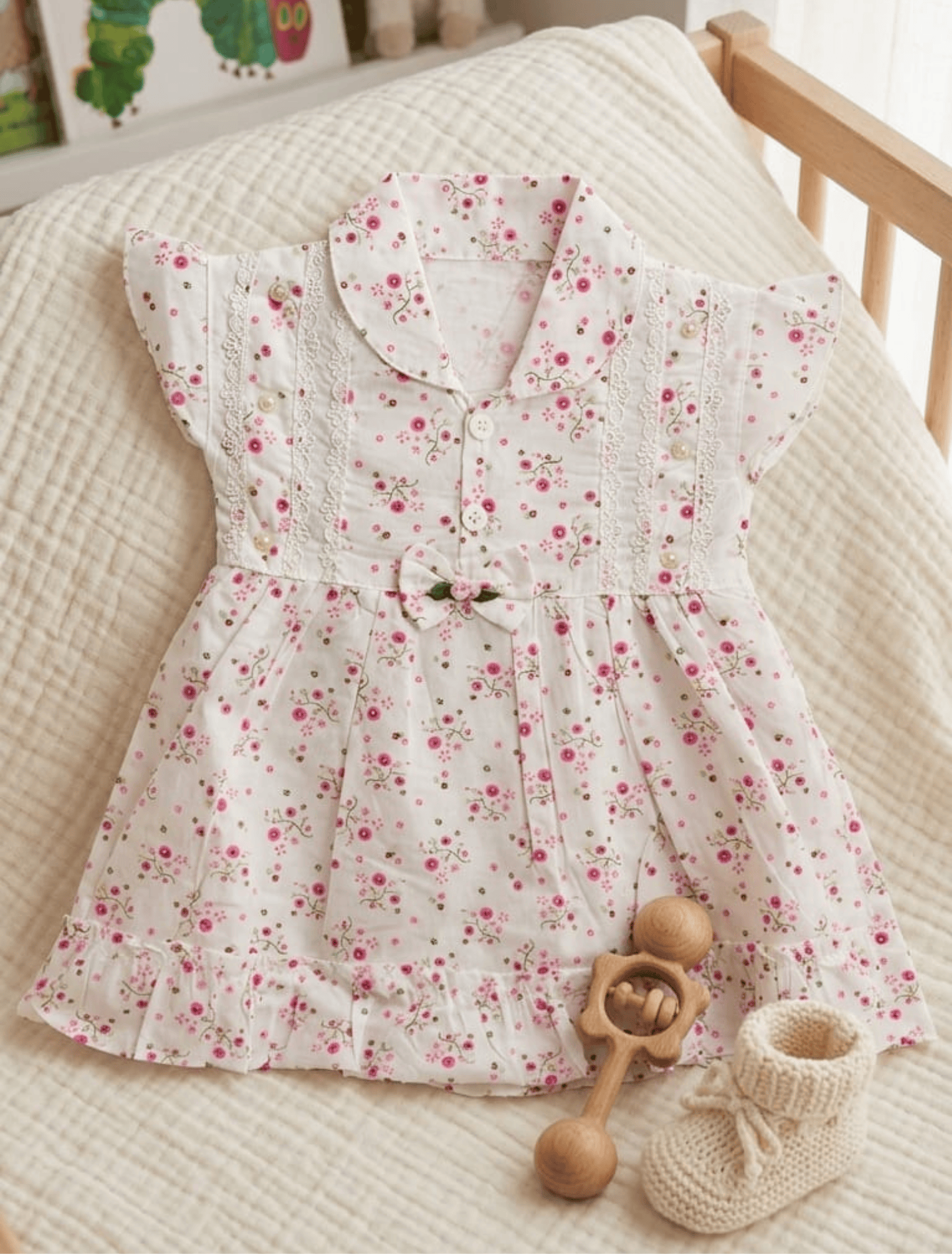 whisperingpoppers summer frocks White Floral Frock with Lace Detail — Girls 9 month -24 month White Floral Frock with Lace Detail — Girls 9 month -24 month