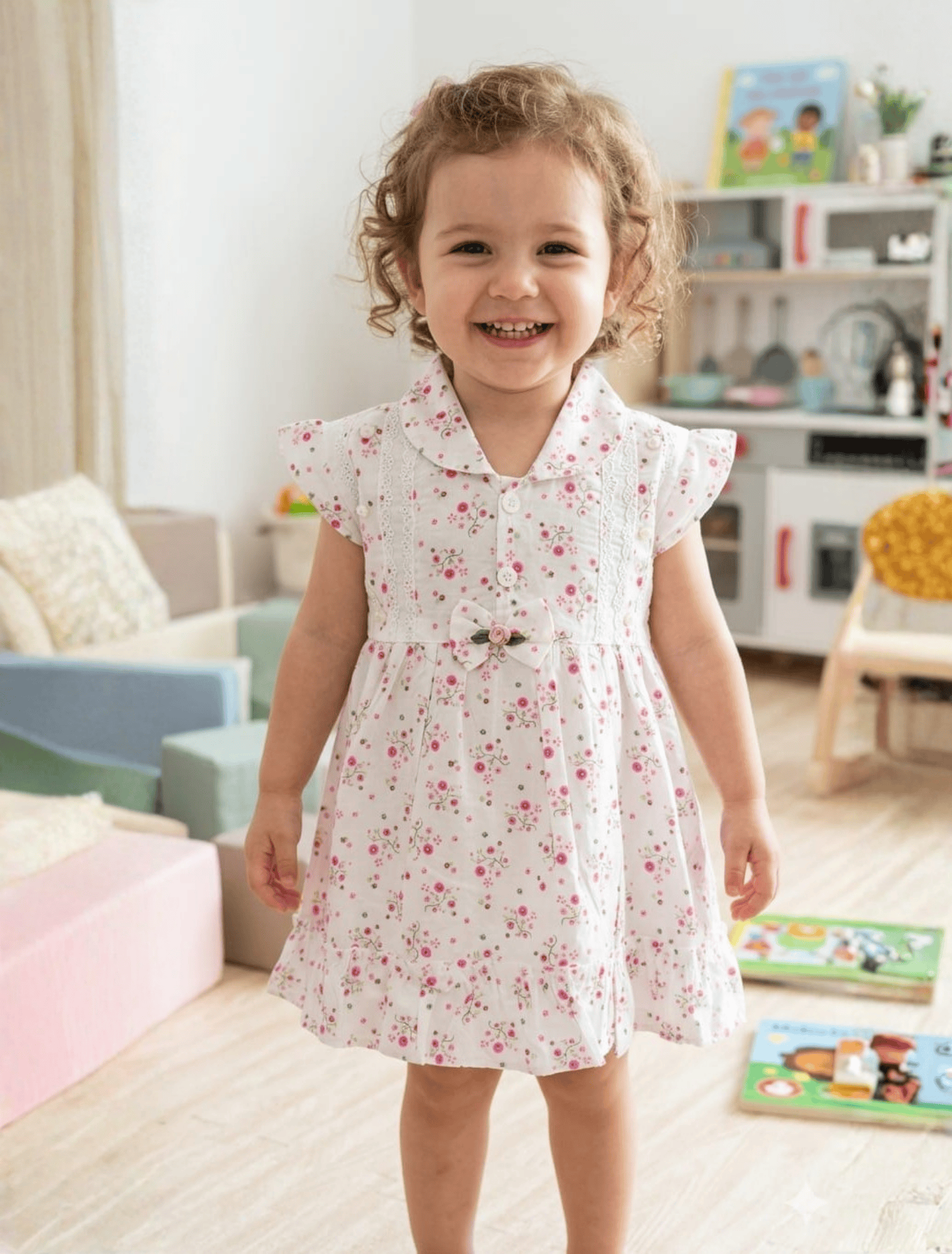 whisperingpoppers summer frocks White Floral Frock with Lace Detail — Girls 9 month -24 month White Floral Frock with Lace Detail — Girls 9 month -24 month