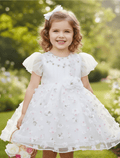 whisperingpoppers summer frocks White 3D Floral Embellished Puff Sleeve Frock for Baby Girls age 3-5year White 3D Floral Embellished Puff Sleeve Frock for Baby Girls age 3-5year
