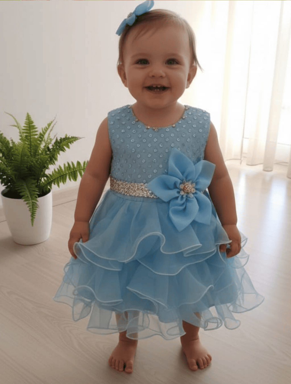 whisperingpoppers summer frocks Sky Blue Pearl Embellished Ruffle Frock for Baby Girls 9month-2 year Sky Blue Pearl Embellished Ruffle Frock for Baby Girls 9month-2 year