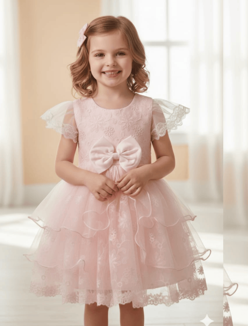whisperingpoppers summer frocks Blush Pink Lace Net Party Frock with Tiered Tulle Skirt & Bow — Girls 3 to 8 Years Blush Pink Lace Net Party Frock with Tiered Tulle Skirt & Bow — Girls 3 to 8 Years