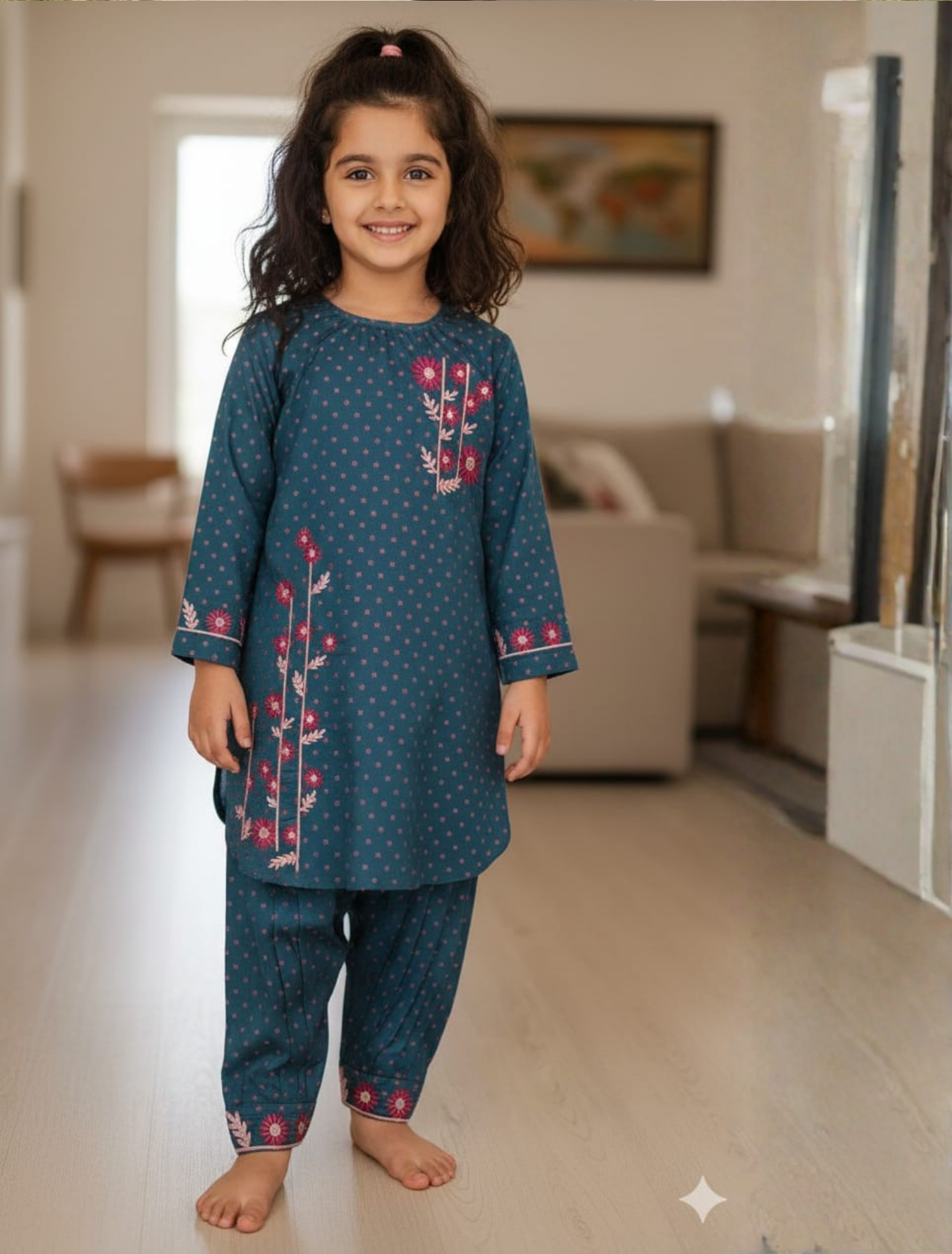 Teal embroidered  polkadot  attire