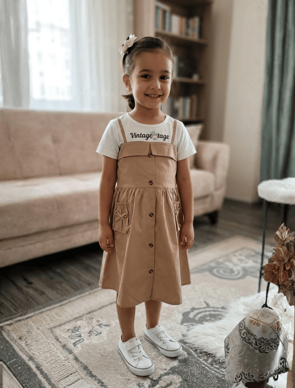 whisperingpoppers summer frocks Camel Pinafore +white T-Shirt Frock- girl age 2 -6y Camel Pinafore +white T-Shirt Frock- girl age 2 -6y
