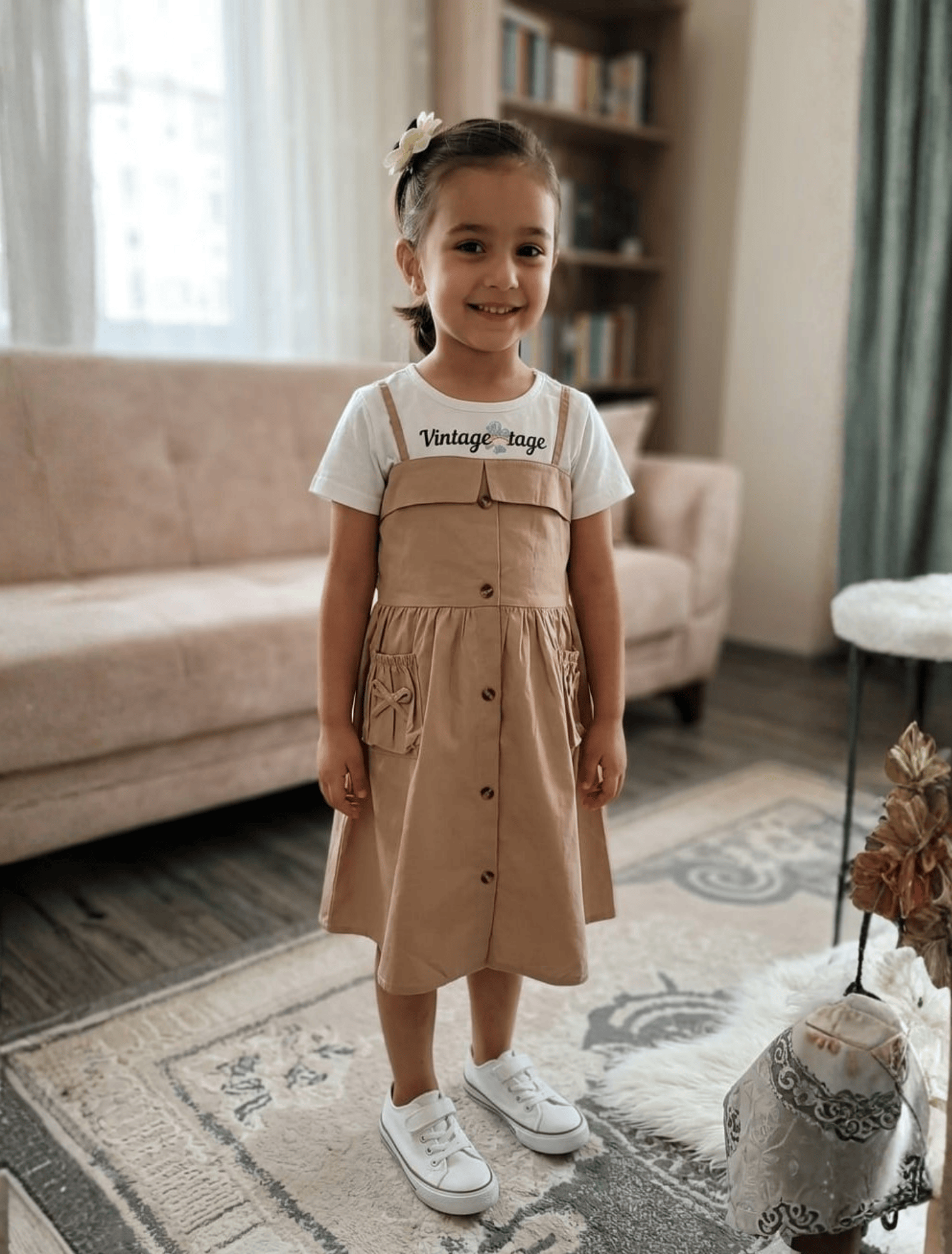 whisperingpoppers summer frocks Camel Pinafore +white T-Shirt Frock- girl age 2 -6y Camel Pinafore +white T-Shirt Frock- girl age 2 -6y