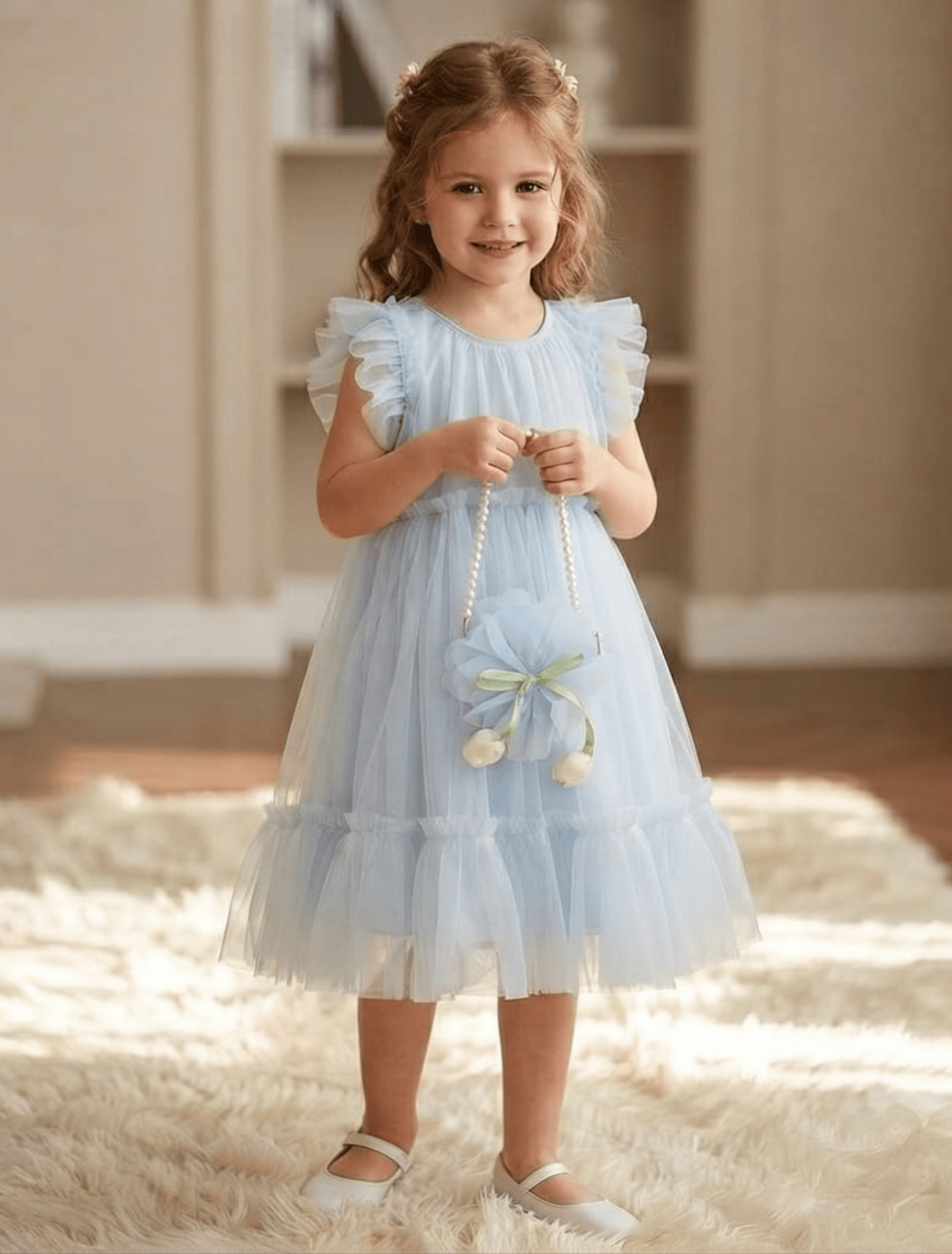 whisperingpoppers summer frocks A-Line Tulle Ruffle Frock with matching Bag and pearl strap — Girls 4 to 9 Years A-Line Tulle Ruffle Frock with matching Bag and pearl strap — Girls 4 to 9 Years
