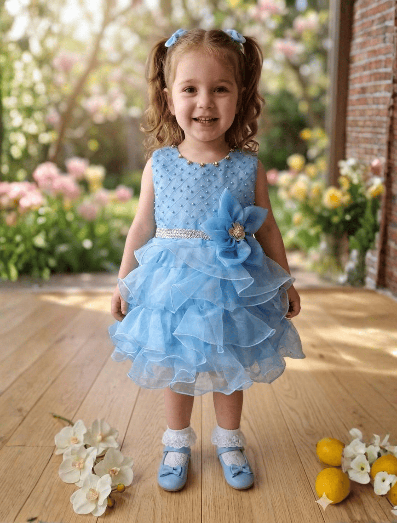 whisperingpoppers summer frocks Sky Blue Pearl Embellished Ruffle Frock for Baby Girls 9month-2 year Sky Blue Pearl Embellished Ruffle Frock for Baby Girls 9month-2 year