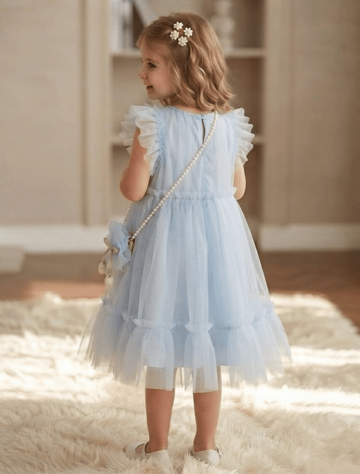 whisperingpoppers summer frocks A-Line  sky blue Tulle Ruffle Frock with matching Bag and pearl strap - back wiew of frock— Girls 4 to 9 Years age 