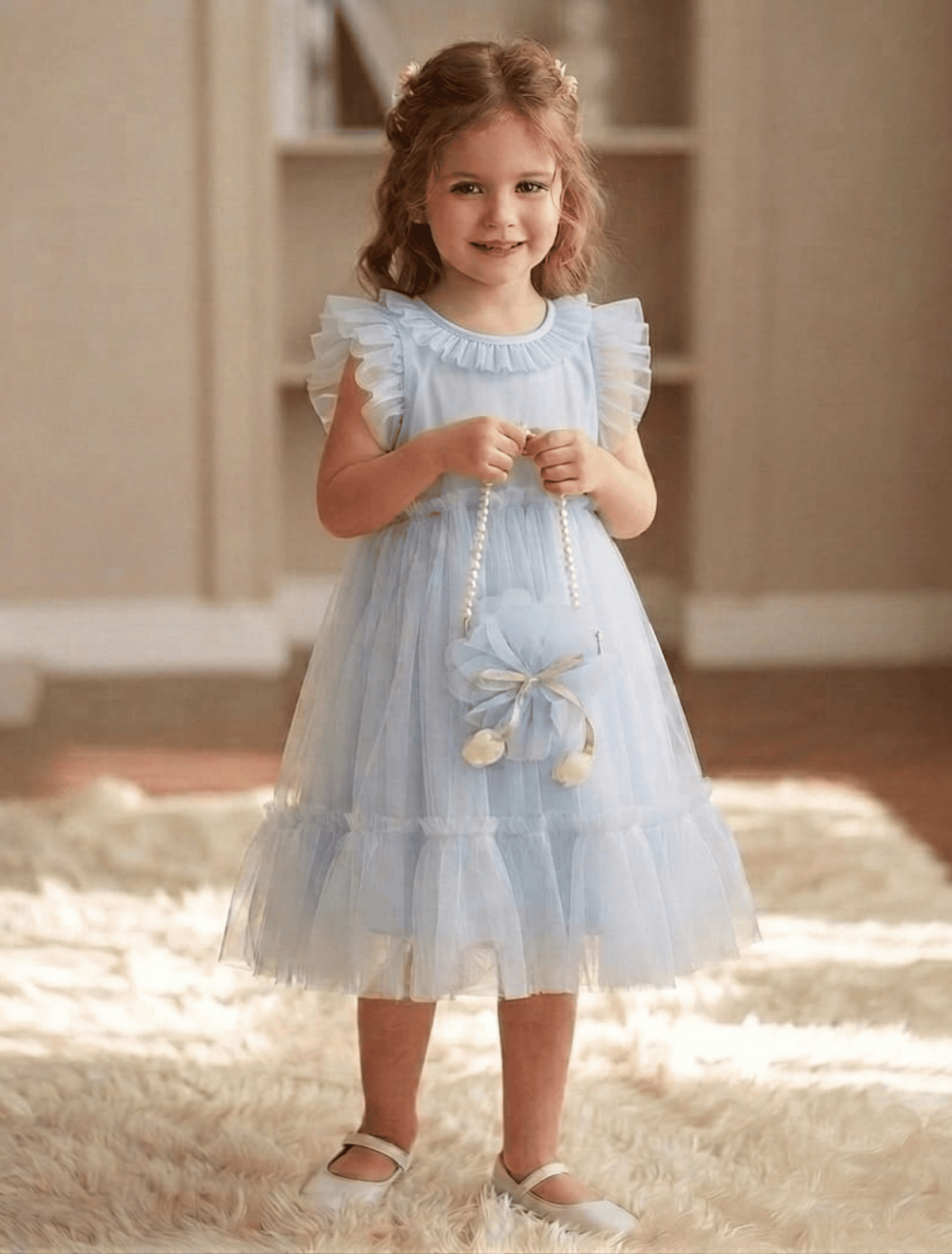 whisperingpoppers summer frocks A-Line sky blue Tulle Ruffle soft net Frock with matching Bag and pearl strap — Girls age 4 to 9 Years imported frock perfect for pakistan summer and winter season.wedding,birthdays and gatherings -best for eid and celebrations