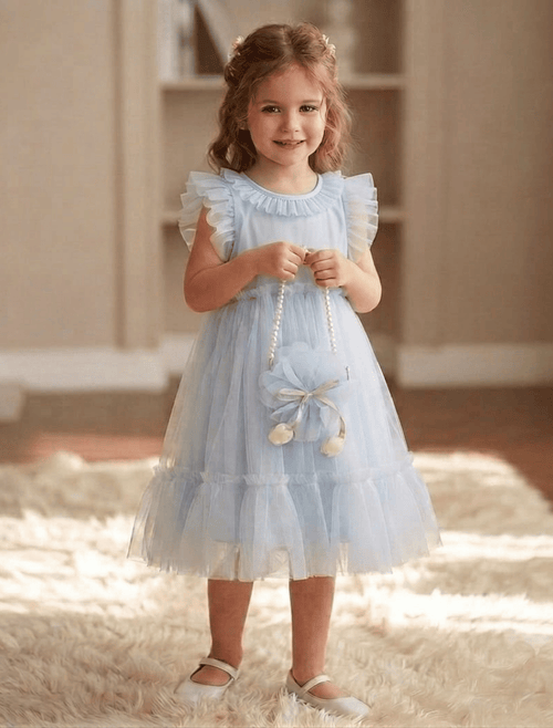 whisperingpoppers summer frocks A-Line sky blue Tulle Ruffle soft net Frock with matching Bag and pearl strap — Girls age 4 to 9 Years imported frock perfect for pakistan summer and winter season.wedding,birthdays and gatherings -best for eid and celebrations