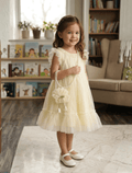 whisperingpoppers summer frocks A-Line mellow yellow Tulle Ruffle soft net Frock with matching Bag and pearl strap — Girls 4 to 9 Years -imported frock-best in pakistan summer and winter season.wedding,birthdays and gatherings -best for outings and eid and celebrations