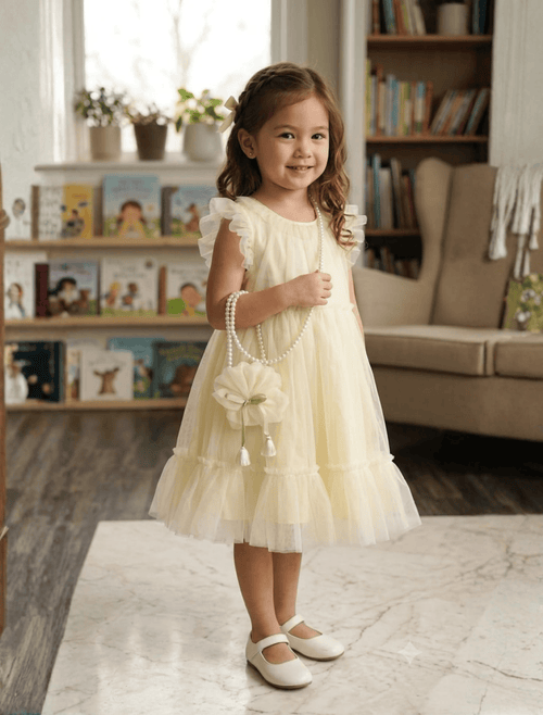 whisperingpoppers summer frocks A-Line mellow yellow Tulle Ruffle soft net Frock with matching Bag and pearl strap — Girls 4 to 9 Years -imported frock-best in pakistan summer and winter season.wedding,birthdays and gatherings -best for outings and eid and celebrations