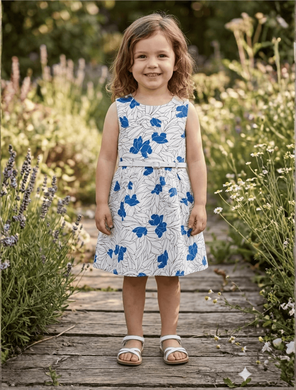 whisperingpoppers summer frocks Floral Cotton Frock with Belt — Vintage Style Girls 1y to 6 Years  blue and white colour floral printed desgin.girl is wearing  knee length  with silver belt .front view of the frock.perfect for hot summer days in pakistan.wear it on all day long  gatherings.event lunch and dinner.breathable comfortable fabric.imported