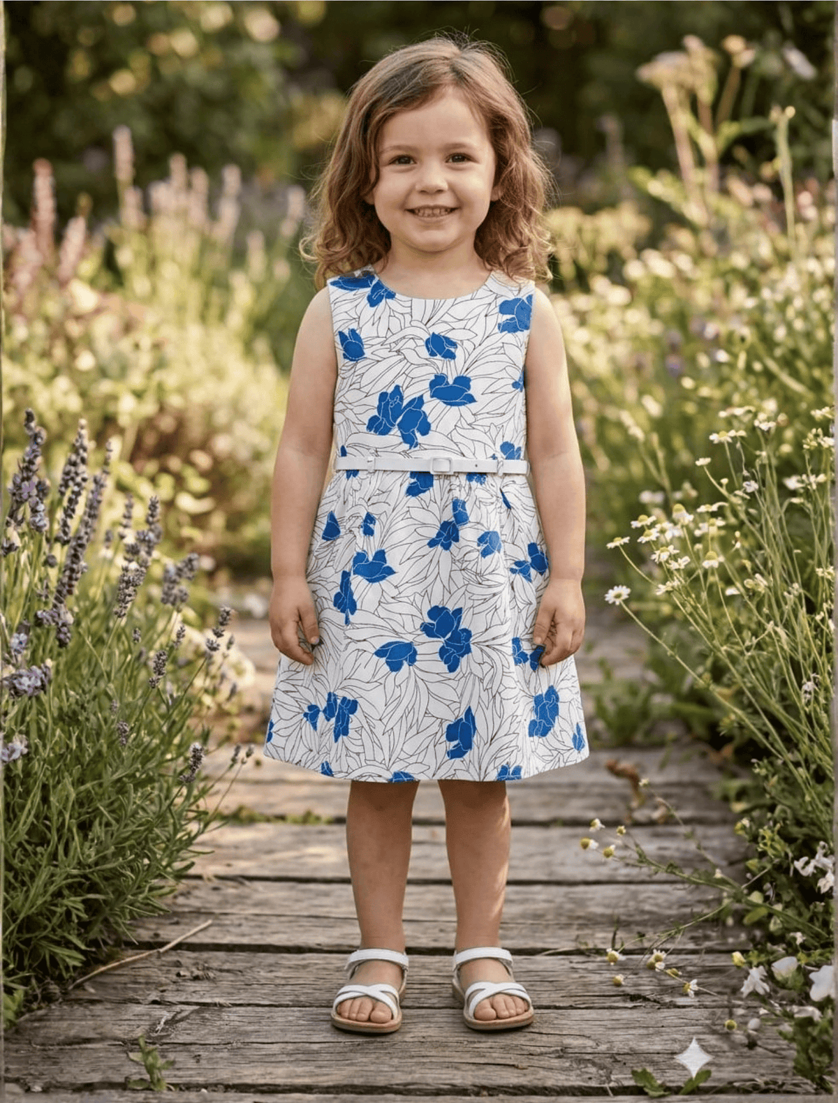 whisperingpoppers summer frocks Floral Cotton Frock with Belt — Vintage Style Girls 1y to 6 Years  blue and white colour floral printed desgin.girl is wearing  knee length  with silver belt .front view of the frock.perfect for hot summer days in pakistan.wear it on all day long  gatherings.event lunch and dinner.breathable comfortable fabric.imported