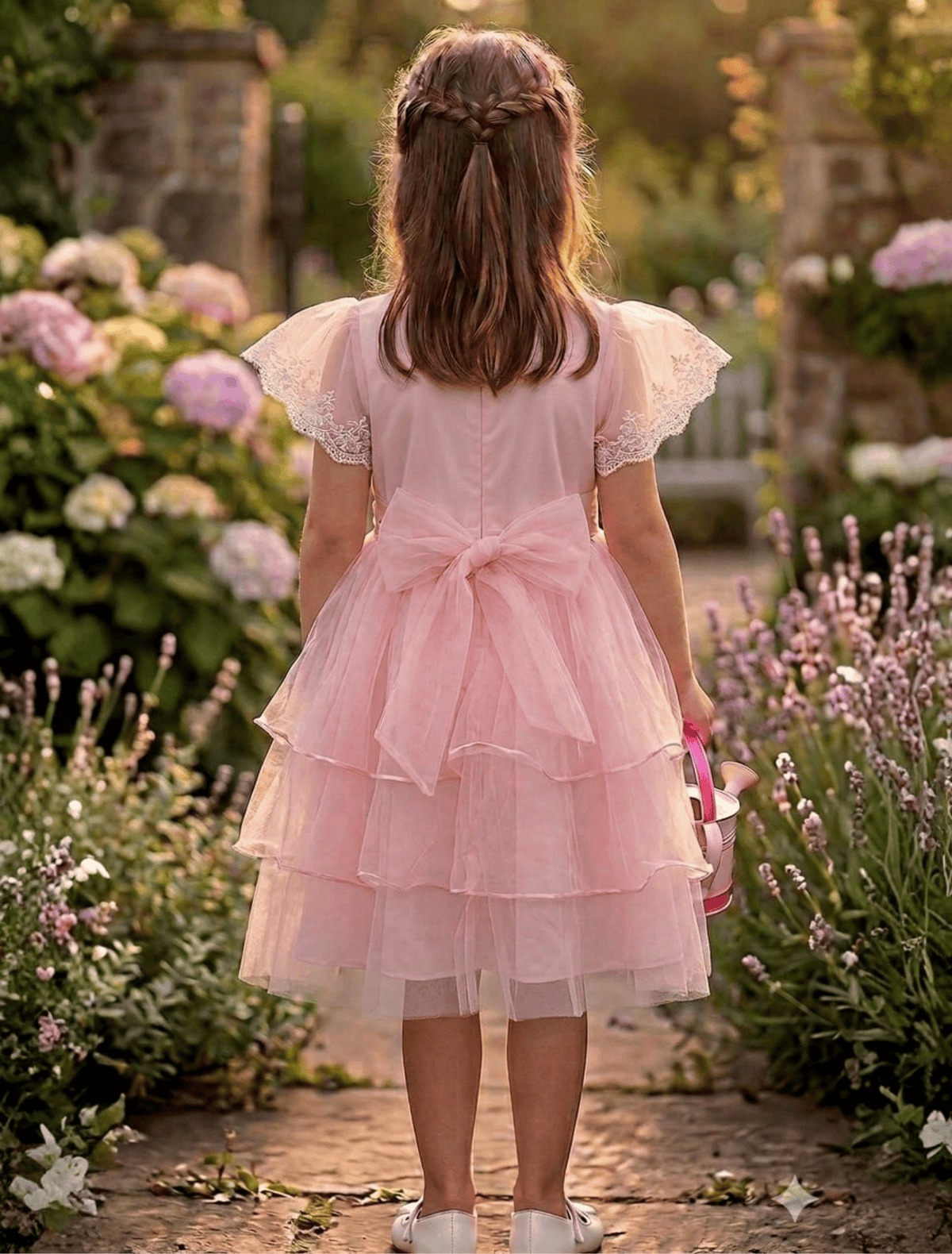 whisperingpoppers summer frocks Blush Pink Lace Net Party Frock with Tiered Tulle style & Bow — Girls 3 to 8 Years  .girl is showing back side of the dress. soft net belt for adjustment . long zip on back for easy wear soft breathable impoted fabric dress.wear in weddings, event, birthdays,parties and functions. soft inneer linning to wear in pakistani summer season.perfect for all seasons