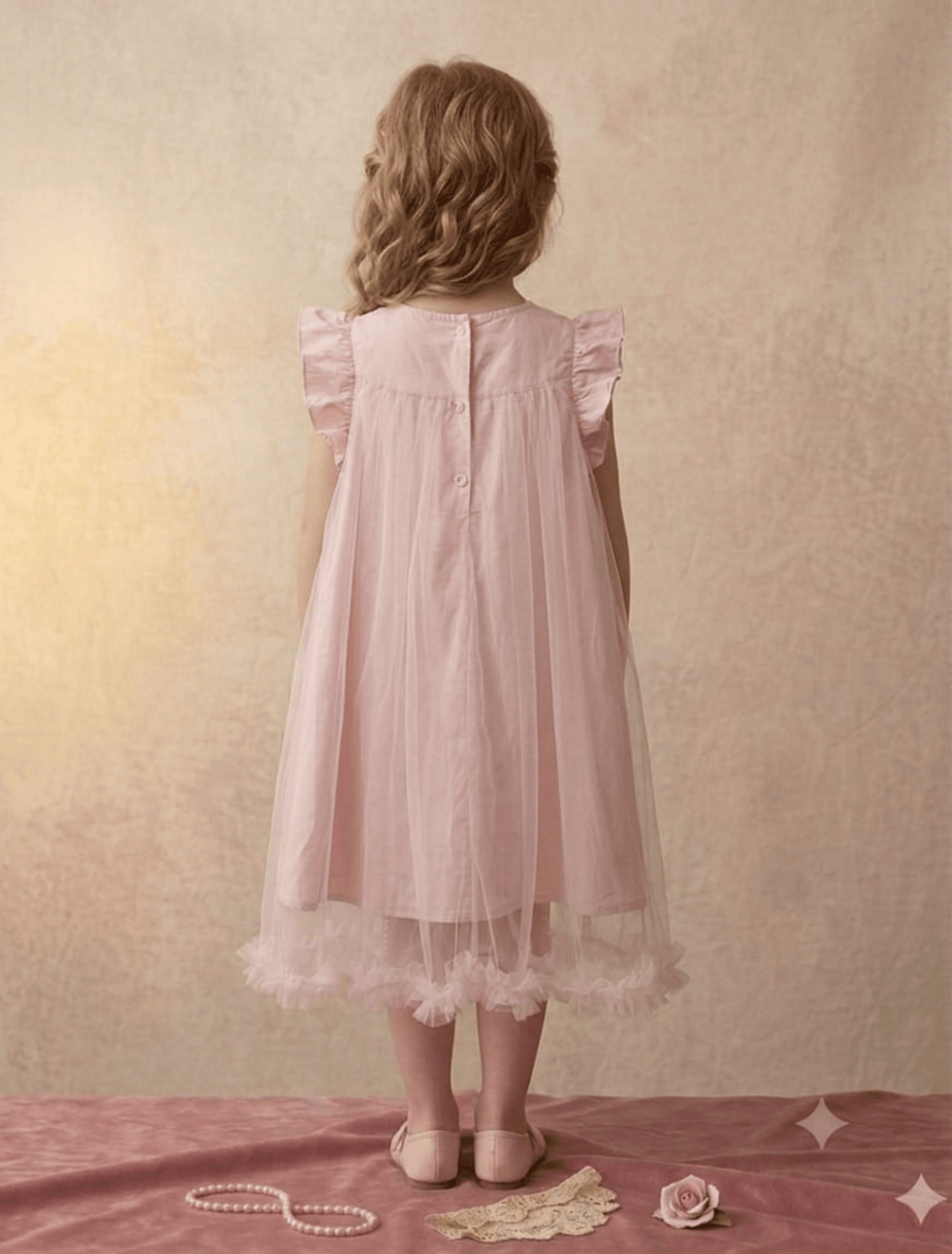 whisperingpoppers summer frocks Blush Teapink Tulle Bow Party Dress Girls age 4-7year  .soft net fabric with bow and lace  detial . frill edges .soft cotton inner  linning.knee length. back view of frock.perfect in summer ,wedings ,birthdays and get to gethers and parties