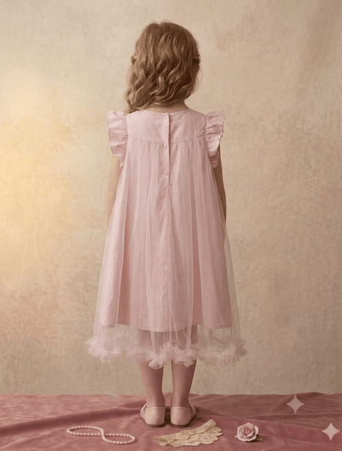 whisperingpoppers summer frocks Blush Teapink Tulle Bow Party Dress Girls age 4-7year  .soft net fabric with bow and lace  detial . frill edges .soft cotton inner  linning.knee length. back view of frock.perfect in summer ,wedings ,birthdays and get to gethers and parties