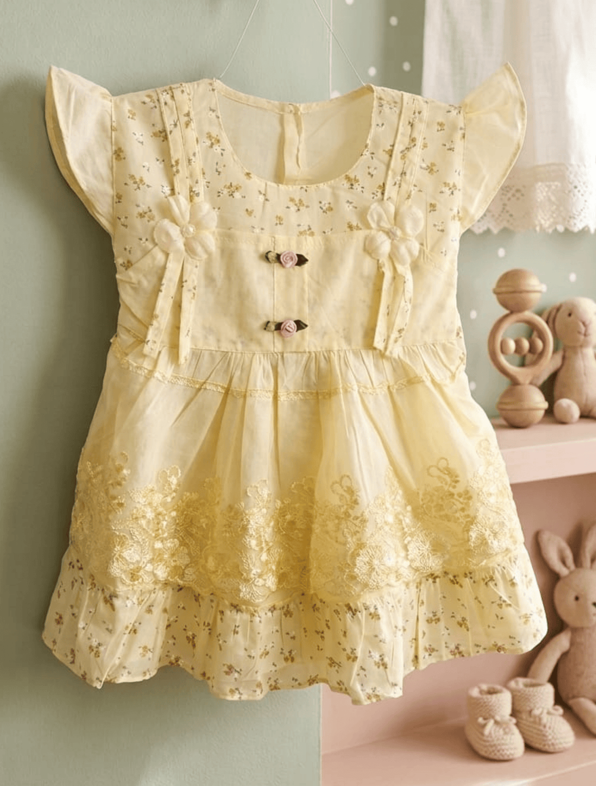 whisperingpoppers summer frocks Butter Yellow Floral Lawn Frock with Lace Embroidery — Girls 9month-1.5 Years breathable lawn printed fabric.perfect for summer season in pakistan.frock details round necline lawn printed fabric.embroiered net.frill on the end 
