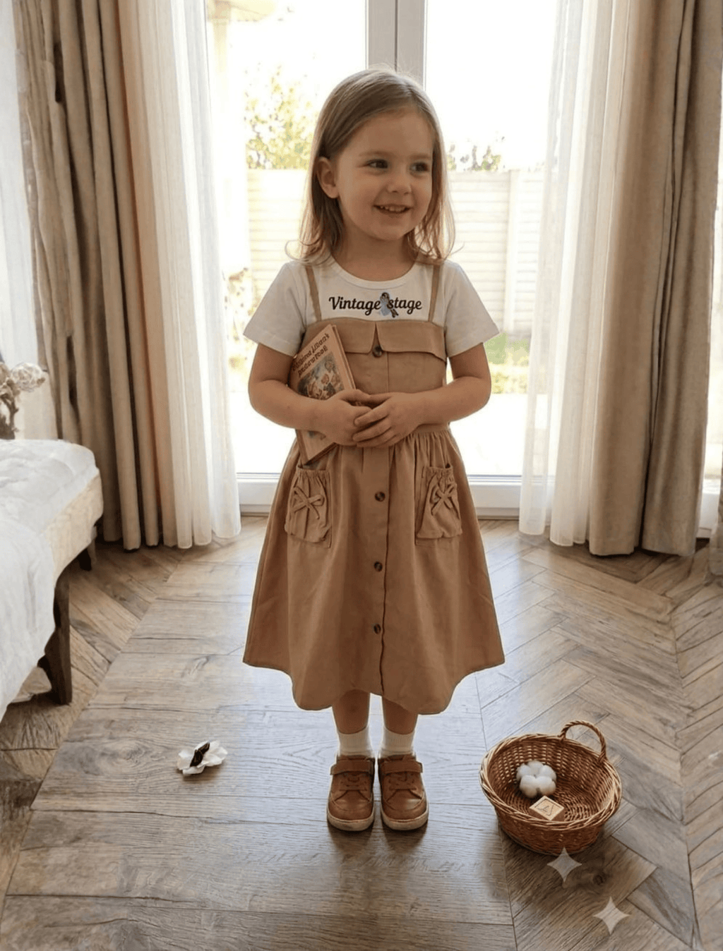 whisperingpoppers summer frocks Camel Pinafore +white T-Shirt Frock- girl age 2 -6y .tea shirt and cotton fabric with poket and button dtails. imported fabric.trendy in hot summer days of pakistan.stylish frock for birthdays ,school,event,functions.front view of frock