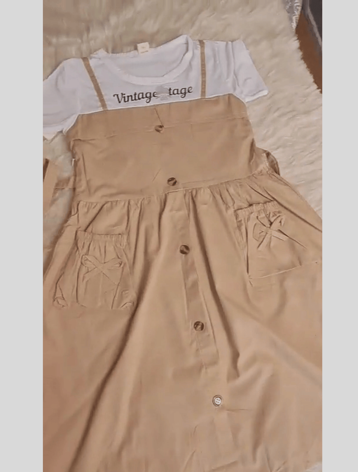 whisperingpoppers summer frocks Camel Pinafore +white T-Shirt Frock- girl age 2 -6y  orinal flat lay  picture of frock for detial view of  fabric buttons and pocket.for used in pakistan summer ,parties,functions,events.