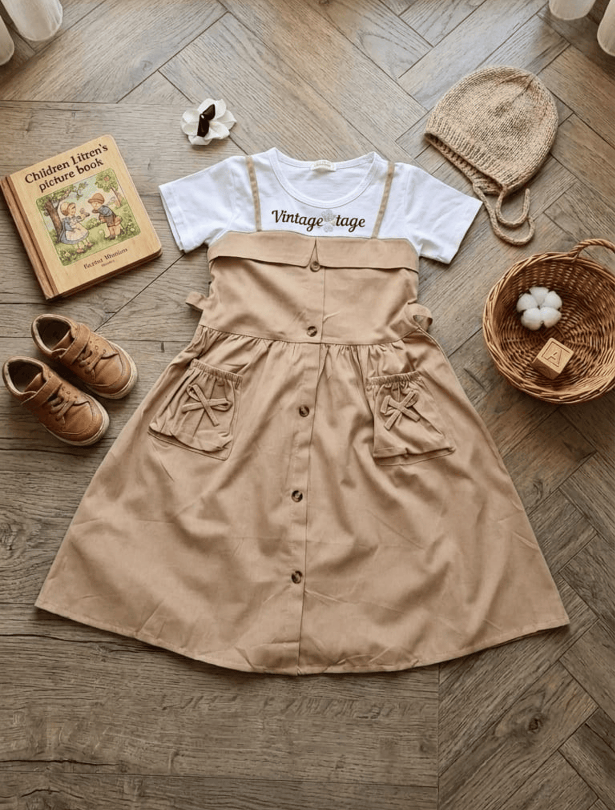 whisperingpoppers summer frocks Camel Pinafore +white T-Shirt Frock- girl age 2 -6y .flat lay of froc showing all detils of frock.imported frock .cool in pakistani hot summer season.best for parties school.events nd gatherings.tea shirt nd cotton material
