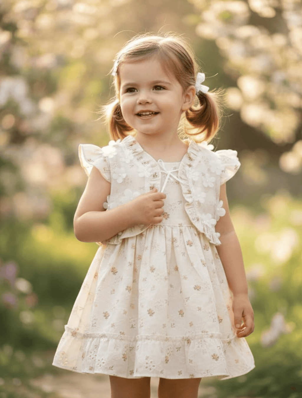 whisperingpoppers summer frocks Chickenkaari Lawn Frock with 3D Flower  — baby age Girls 9 Months to 1.5 Years .girl wearing knee length frock showing front view.3d flower bodice design.perfect in hot days of pakistan.breathable lawn fabric. for all day use fabric.crem off white colour with brown flower dtails on it