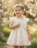 whisperingpoppers summer frocks Chickenkaari Lawn Frock with 3D Flower  — baby age Girls 9 Months to 1.5 Years .girl wearing knee length frock showing front view.3d flower bodice design.perfect in hot days of pakistan.breathable lawn fabric. for all day use fabric.crem off white colour with brown flower dtails on it