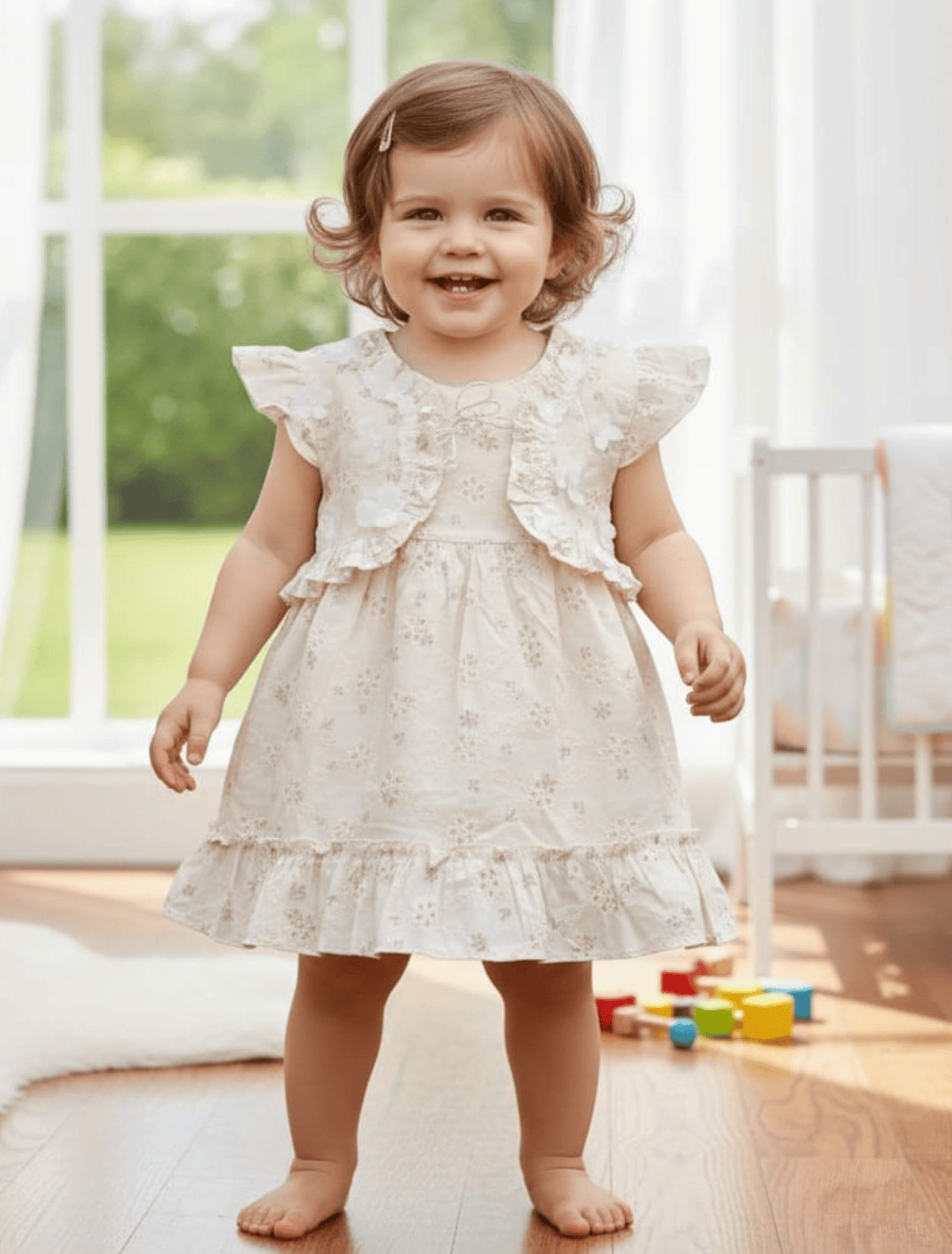 whisperingpoppers summer frocks Chickenkaari Lawn Frock with 3D Flower Collar — baby age Girls 9 Months to 1.5 Years .girl wearing knee length frock showing front view.3d flower bodice design.perfect in hot days of pakistan.breathable lawn fabric. for all day use fabric.offwhite cream colour pink flower detail