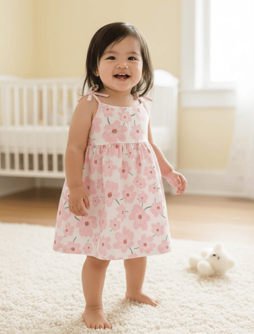 whisperingpoppers summer frocks Colorful pink Floral Print Cotton Frock for Baby Girls age 1-2y  baby girl wearing impoted cotton breathable rok dress.perfect for all season in pakistan.sleeles.formal and casual wear