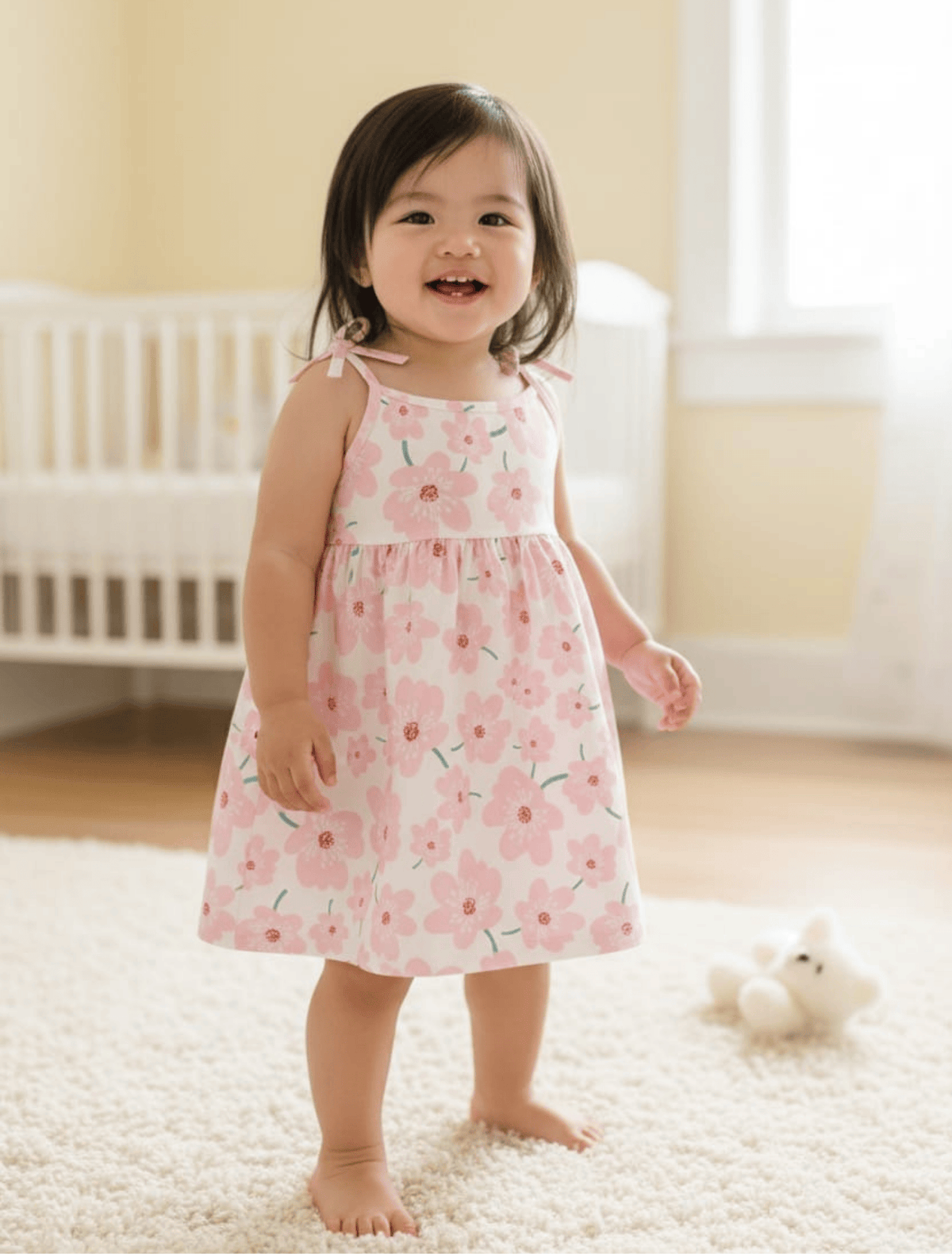 whisperingpoppers summer frocks Colorful pink Floral Print Cotton Frock for Baby Girls age 1-2y  baby girl wearing impoted cotton breathable rok dress.perfect for all season in pakistan.sleeles.formal and casual wear