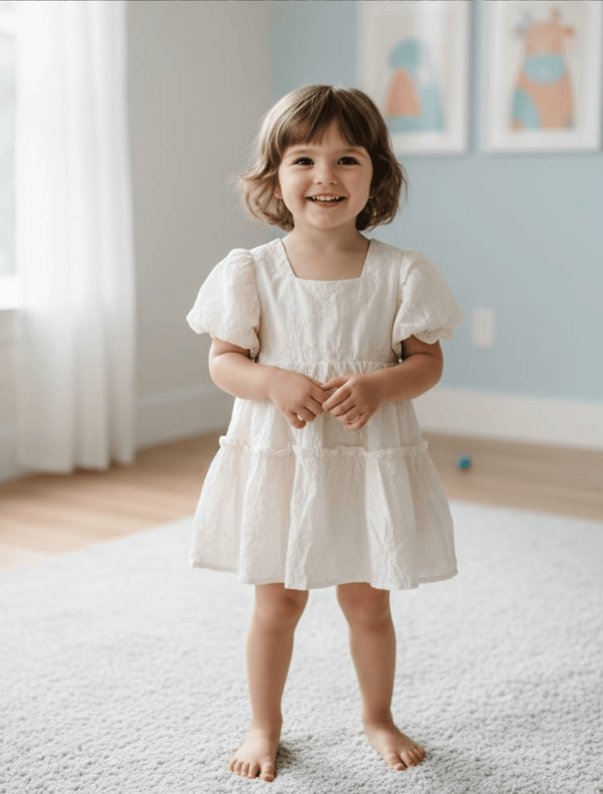 whisperingpoppers summer frocks ✨ Embroidered cotton silk Tiered ivory colour  cloud party doll Frock for Baby Girls age 1-5year ✨little girl showing front side detail of dress.imported breathable fabric.soft inner linning perfect for sunny seaon .u can wear in rainy and autum season.bet for weddings,parties,birthdays,outings,casual and formal wear in pakistan 