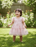 whisperingpoppers summer frocks ✨ Embroidered cotton silk pink colour Tiered  cloud party doll Frock for Baby Girls age 1-5year ✨little girl showing front side detail of dress.imported breathable fabric.soft inner linning perfect for sunny seaon .u can wear in rainy and autum season.bet for weddings,parties,birthdays,outings,casual and formal wear in pakistan 
