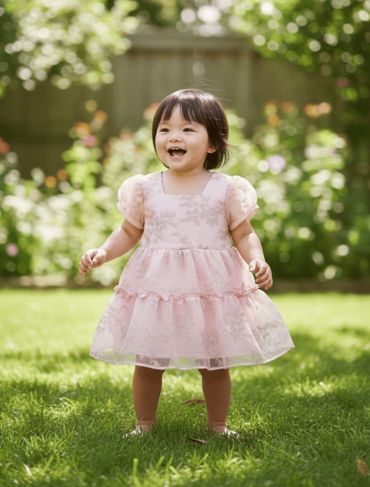 whisperingpoppers summer frocks ✨ Embroidered cotton silk pink colour Tiered  cloud party doll Frock for Baby Girls age 1-5year ✨little girl showing front side detail of dress.imported breathable fabric.soft inner linning perfect for sunny seaon .u can wear in rainy and autum season.bet for weddings,parties,birthdays,outings,casual and formal wear in pakistan 