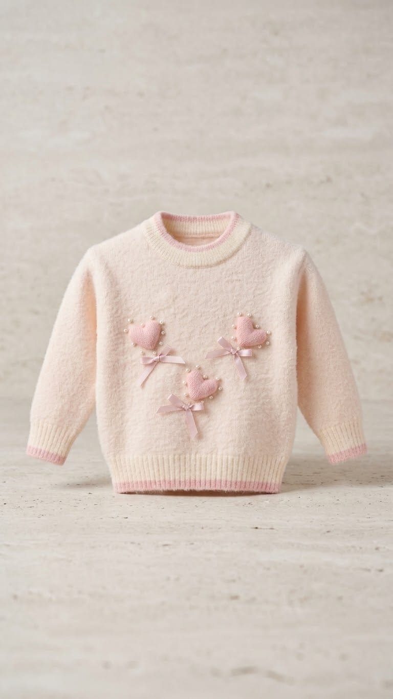 whisperingpoppers jersy Ivory/Pink Heart Knit Sweater — Girls age 1 to 5 Ivory/Pink Heart Knit Sweater — Girls age 1 to 5