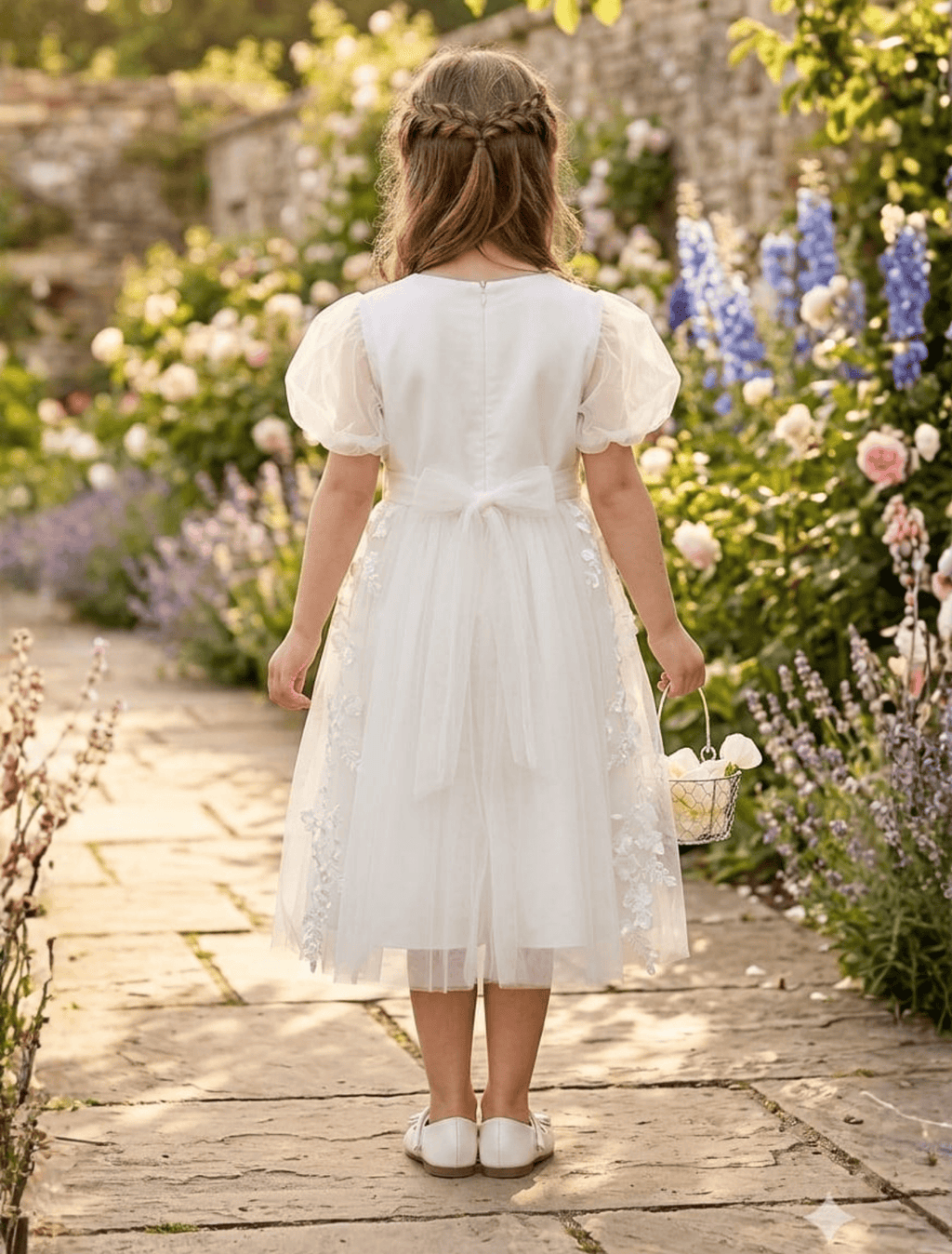 whisperingpoppers summer frocks ivory colour soft net with lawn iner linning fancy frock for  girl age 3 to8 year  girl is showing back side of the dress .net belt for adjument and long zip on back for easy wear. soft net breathable fabric.soft cotton lawn inner perfect wear in summer hot days .fancy dress .puff sleeves.best foe weddings, anniversaries,events, parties, birthday ang get to gather.imported stuff  .imported frock