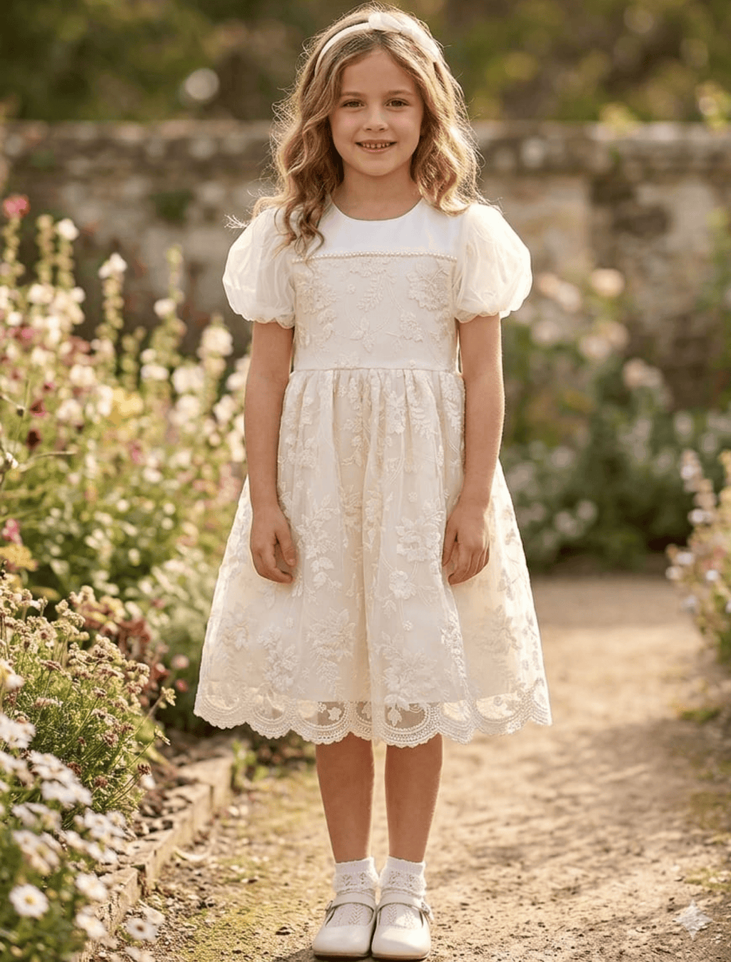 whisperingpoppers summer frocks ivory colour soft net with lawn inner linning fancy frock for  girl age 3 to8 yea  girl is showing front side of embroidery detalils of dress. soft net breathable fabric.soft cotton lawn inner perfect wear in summer hot days .fancy dress .puff sleeves.best foer weddings, anniversaries,events, parties, birthday ang get to gather.imported stuff  .imported frock