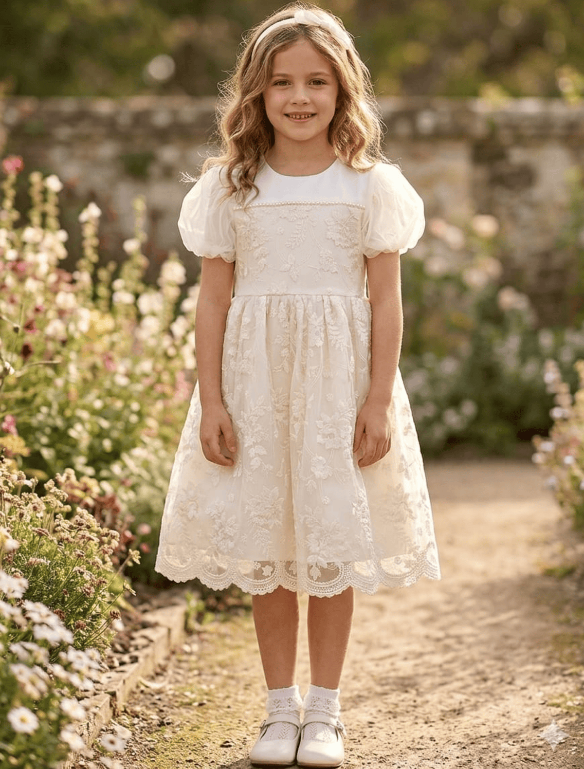 whisperingpoppers summer frocks ivory colour soft net with lawn inner linning fancy frock for  girl age 3 to8 yea  girl is showing front side of embroidery detalils of dress. soft net breathable fabric.soft cotton lawn inner perfect wear in summer hot days .fancy dress .puff sleeves.best foer weddings, anniversaries,events, parties, birthday ang get to gather.imported stuff  .imported frock