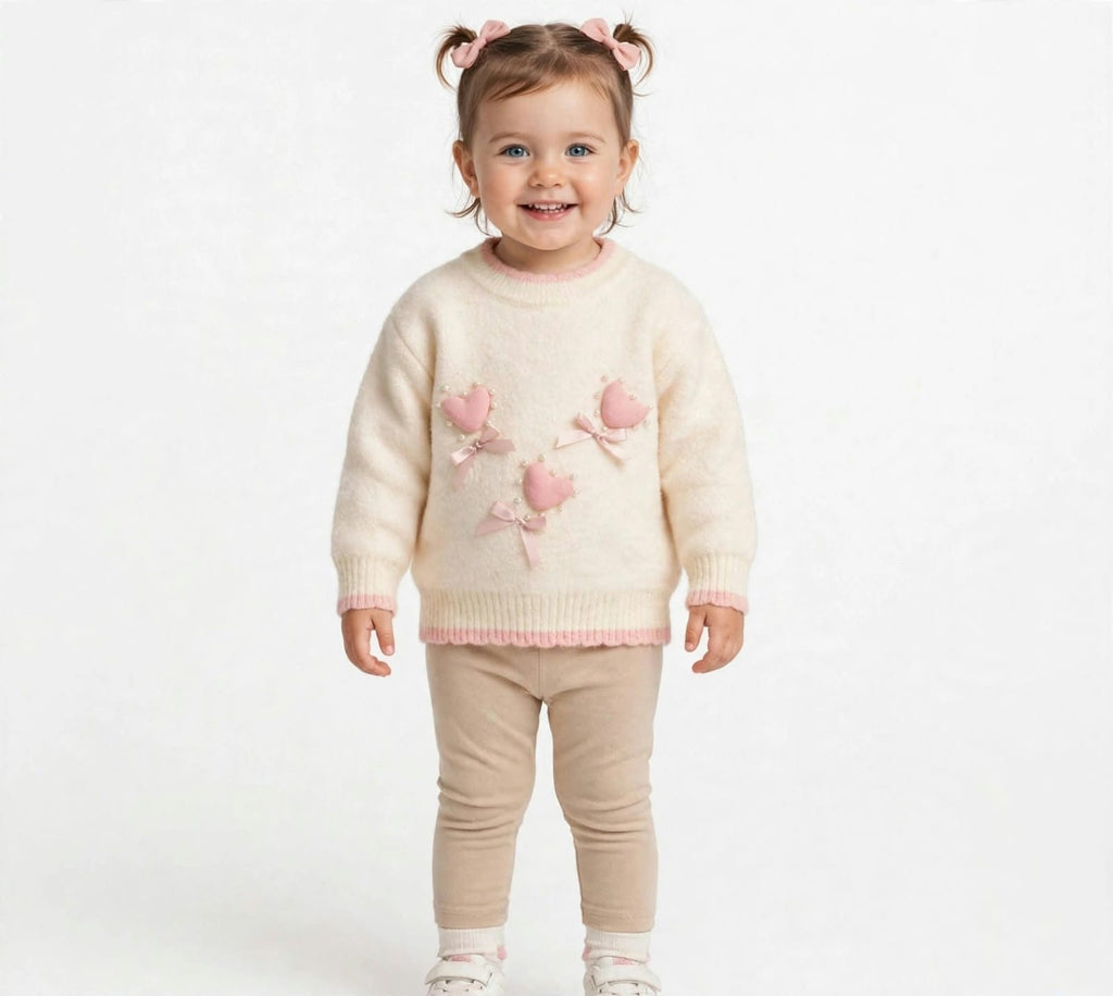 whisperingpoppers jersy Ivory/Pink Heart Knit Sweater — Girls age 1 to 5 Ivory/Pink Heart Knit Sweater — Girls age 1 to 5