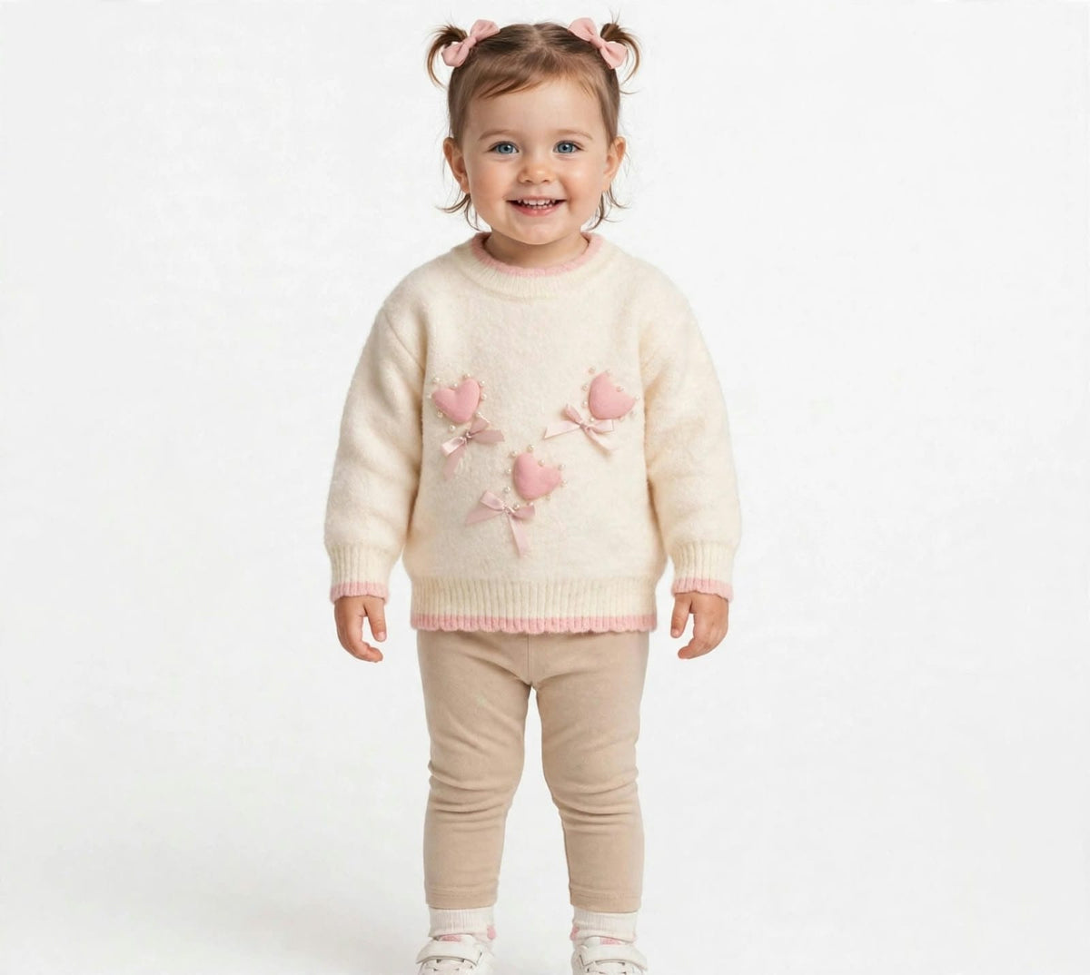 whisperingpoppers jersy Ivory/Pink Heart Knit Sweater — Girls age 1 to 5 Ivory/Pink Heart Knit Sweater — Girls age 1 to 5