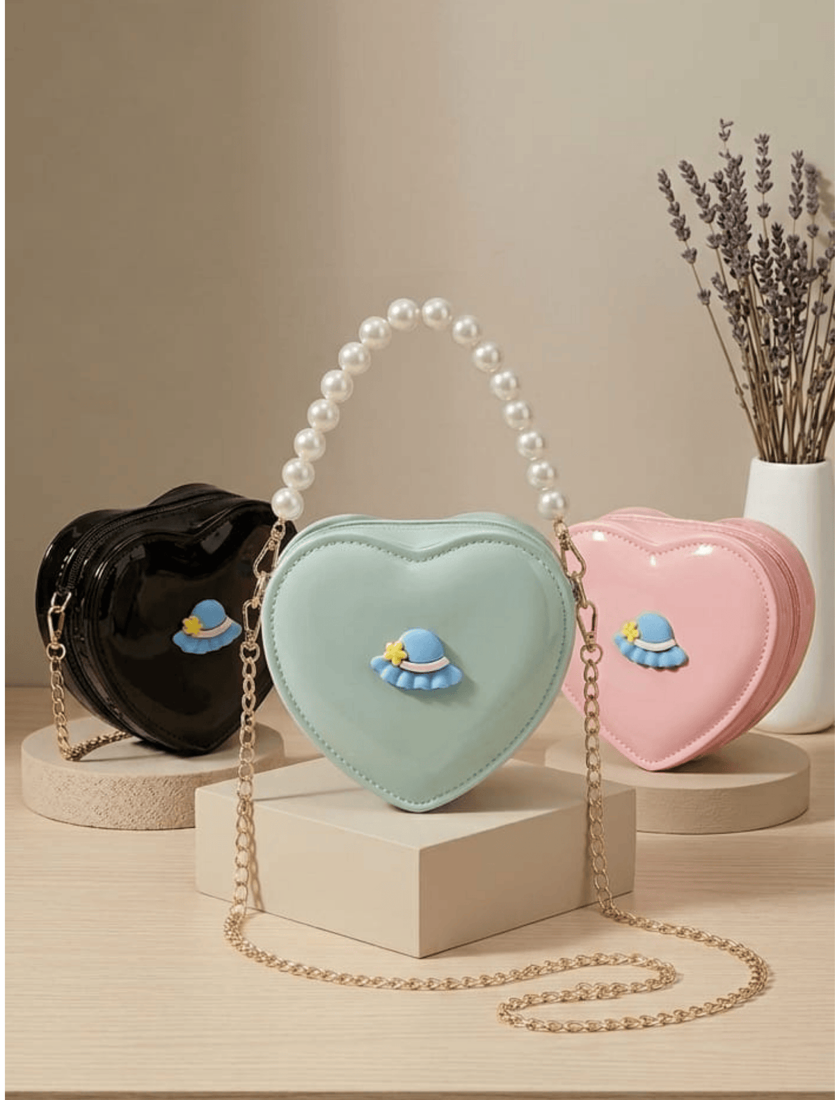 whisperingpoppers bags Mini Heart- Shape Shoulder Pearl Bag girl age 3-14y.fine leather quality.imported bag .pearl strap  for carrying on hand .long golden chain strap for carrying on shoulder. baby pink colour ,black colour, aqua colour mini hand bag 