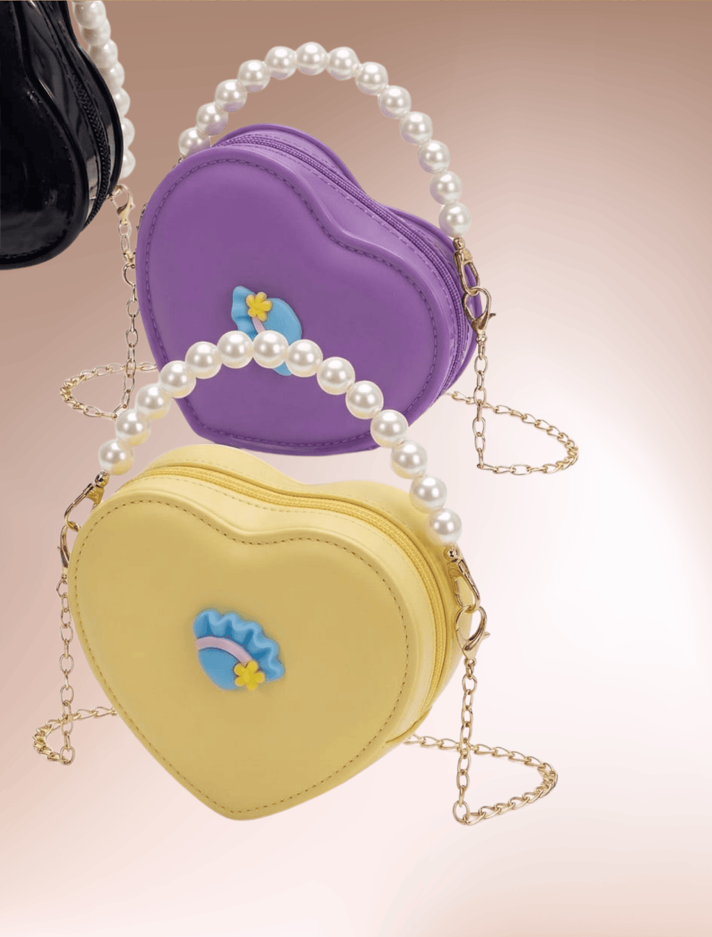 whisperingpoppers bags Mini Heart- Shape Shoulder Pearl Bag girl age 3-14y.fine leather quality.imported bag .pearl strap  for carrying on hand .long golden chain strap for carrying on shoulder. eye catching lilac colour  and pale yellow colour mini heart bag