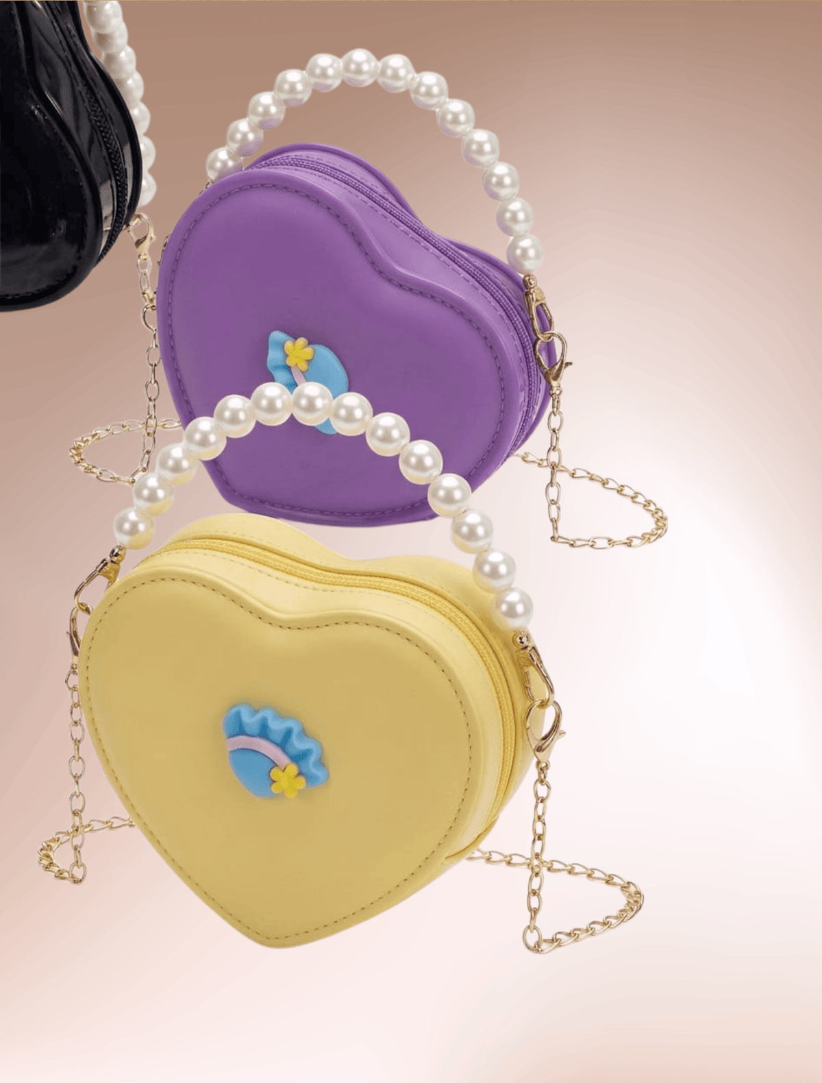 whisperingpoppers bags Mini Heart- Shape Shoulder Pearl Bag girl age 3-14y.fine leather quality.imported bag .pearl strap  for carrying on hand .long golden chain strap for carrying on shoulder. eye catching lilac colour  and pale yellow colour mini heart bag