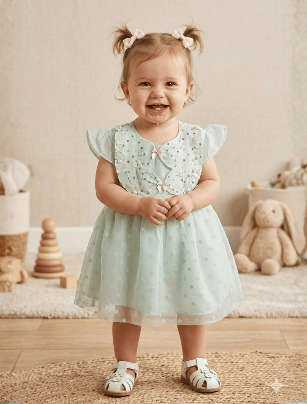 whisperingpoppers summer frocks Mint Green Polka Dot Frock —  Girls age 9 Months to 1.5 Years little girl showing front view of frock details.multicoloured polka dot desgin on bodice and soft net   doll bottom frock .knee length frock dress