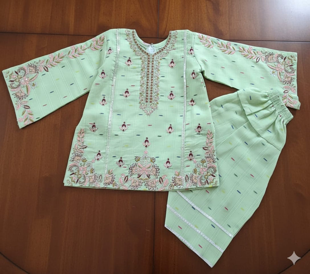 whisperingpoppers summer frocks Pastel Green Embroidered  Cotton Shalwar Kameez-girls age 9 month -3 years flat lay details of dress  locally crafted .cotton fabric.pakistani hot sesons perfect fabric
