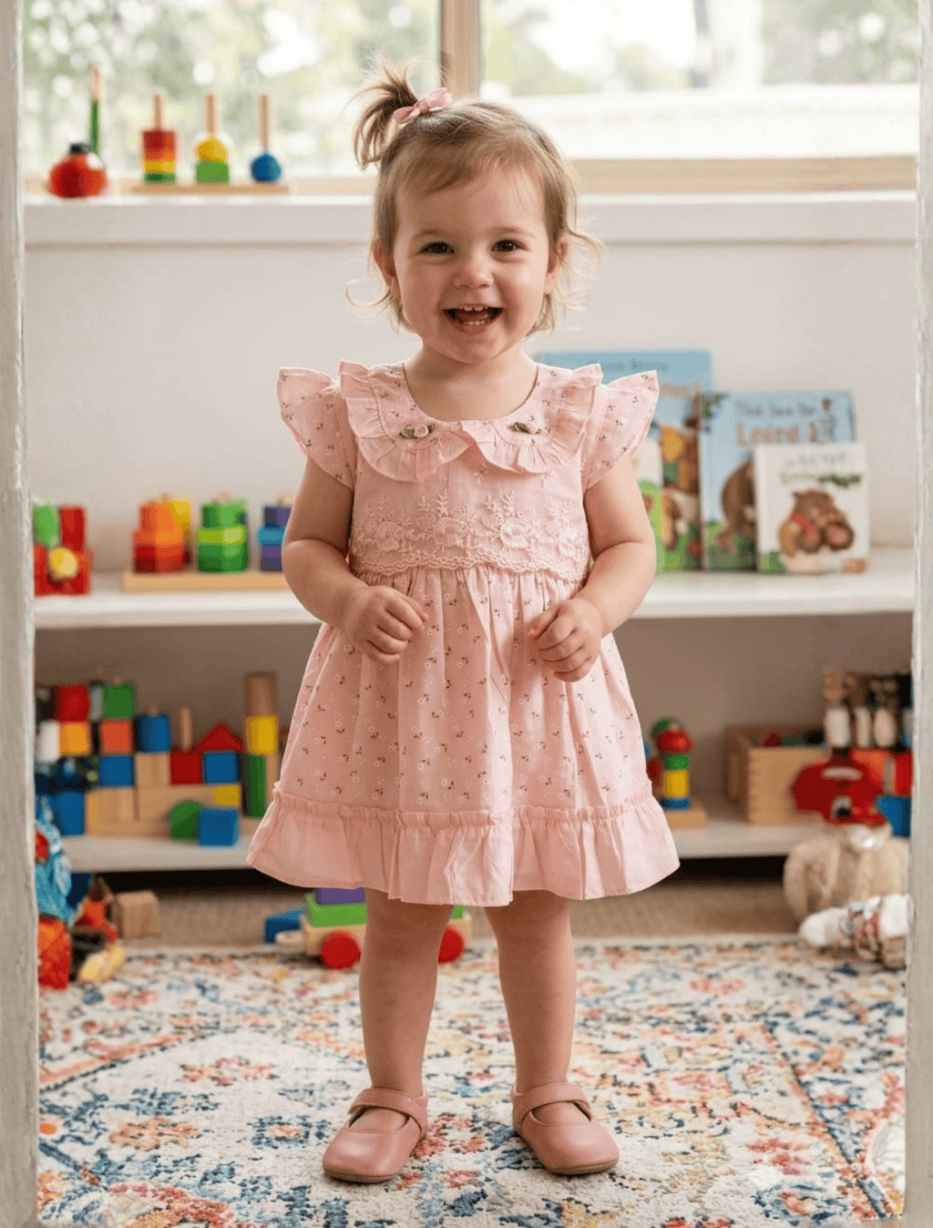 whisperingpoppers summer frocks Pastel Pink Hues Lawn Frock-girl age 9 month-1.5 year  .perfect to wear in pakistan in hot long summer day .modest fashion.comfortable breathable  fabric.peterpan coller neckline .pastelpink base with print on it.printed soft net detils on bodice .frill on the end give it beautiful look