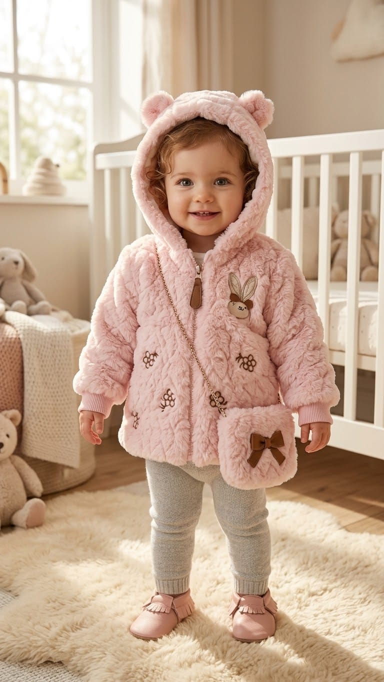 whisperingpoppers jersy Pink/fawn Faux Fur Hooded Jacket with Matching Bag — Girl age 1 to 4 year Pink/fawn Faux Fur Hooded Jacket with Matching Bag — Girl age 1 to 4 year