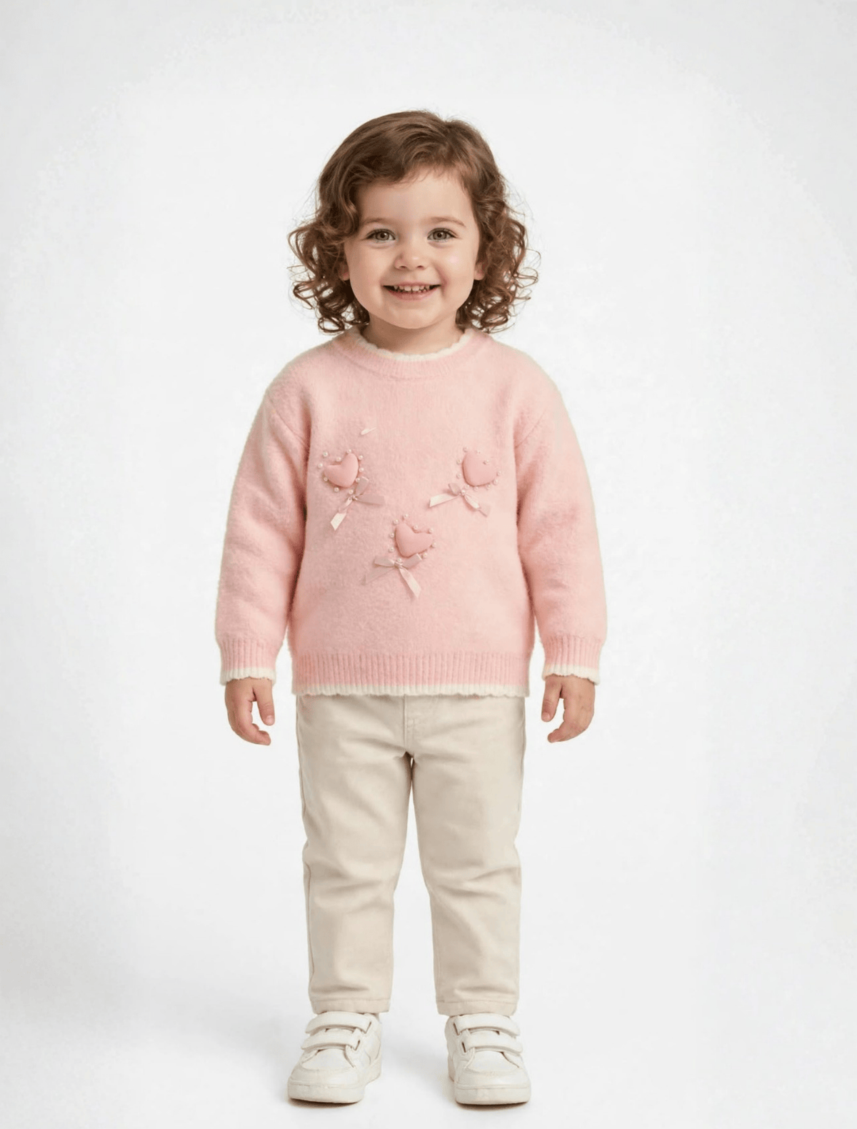 whisperingpoppers jersy Ivory/Pink Heart Knit Sweater — Girls age 1 to 5 Ivory/Pink Heart Knit Sweater — Girls age 1 to 5