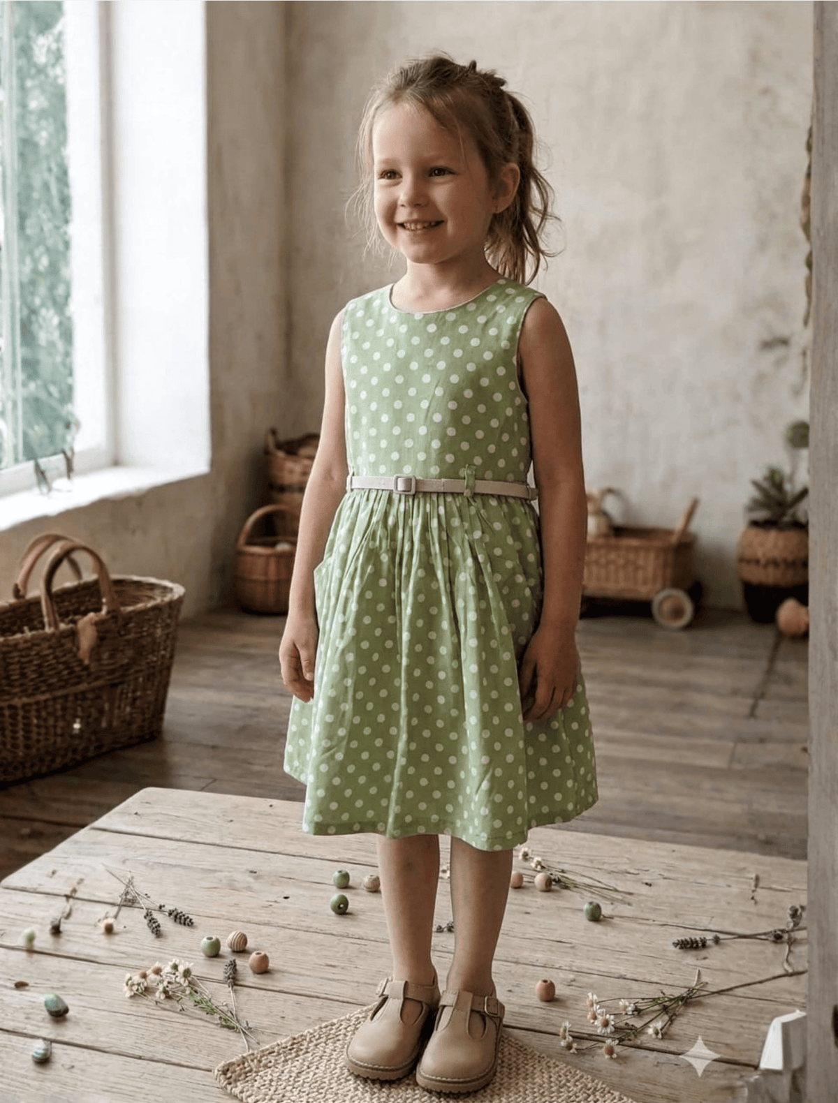 whisperingpoppers summer frocks Floral Cotton Frock with Belt — Vintage Style Girls 1y to 6 Years .polkadot green and white vintage frock .girl is wearing knee length  with silver belt .front view of the frock.perfect for hot summer days in pakistan.wear it on all day long  gatherings.event lunch and dinner.breathable comfortable fabric.imported