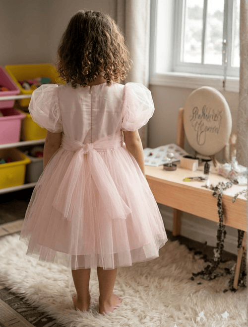 whisperingpoppers summer frocks ✨ Princess Pink Embroidered Net fancy Frock  for  Girls  age 3-8y ✨ girl is showing back side of the dress .net belt for adjument and long zip on back for easy wear. soft net breathable fabric.soft cotton lawn inner perfect wear in summer hot days .fancy dress .puff sleeves.best foe weddings, anniversaries,events, parties, birthday ang get to gather.imported stuff  .imported frock