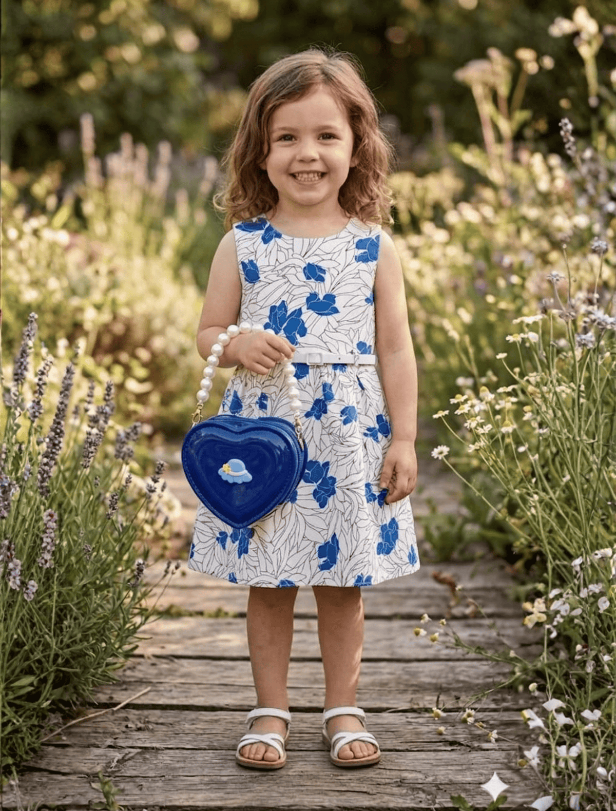 whisperingpoppers bags Mini Heart- Shape Shoulder Pearl Bag girl age 3-14y  .fine leather quality.imported bag .pearl strap  for carrying on hand .long golden chain strap for carrying on shoulder.a girl is carrying royal blue colour heart shape bag with matching outfit .they are comliment to each other